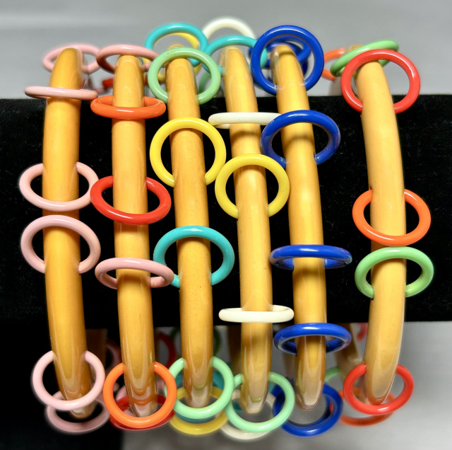 BB349 vintage custard tambourine bakelite bangles with differing ring colors